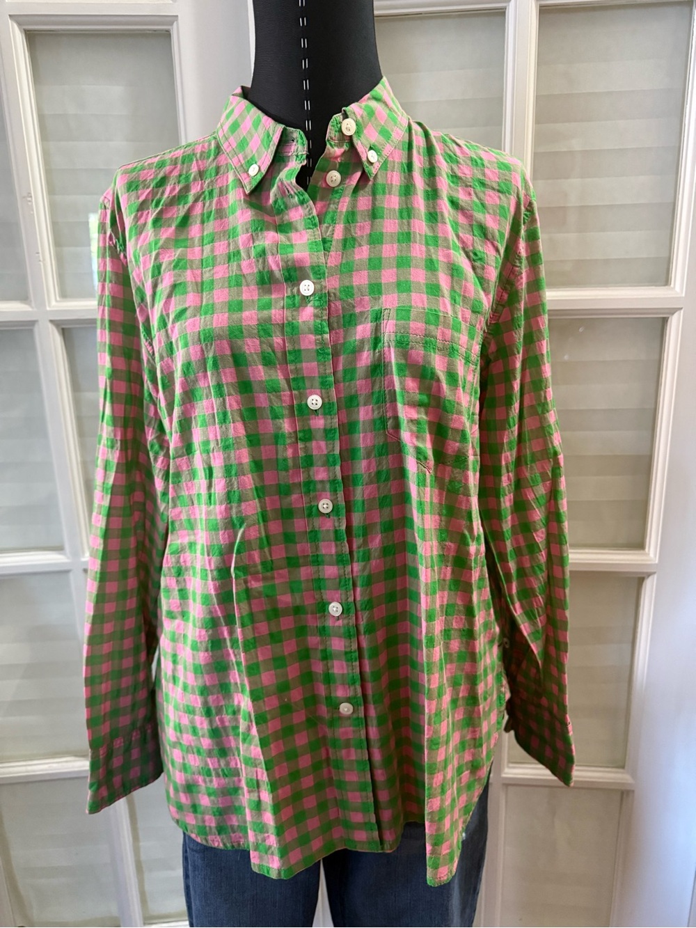 J. Crew Pink and Green Gingham Button-Down Shirt